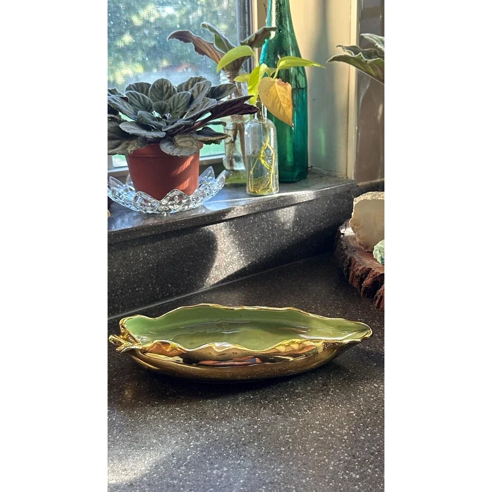 Vintage Leaf Dish Green & Gold | Botanical Trinket Tray | Cottagecore Jewelry Ho